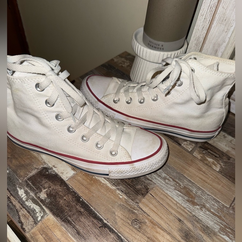 Classic High-Top Converse Sneakers in White with Red Trim